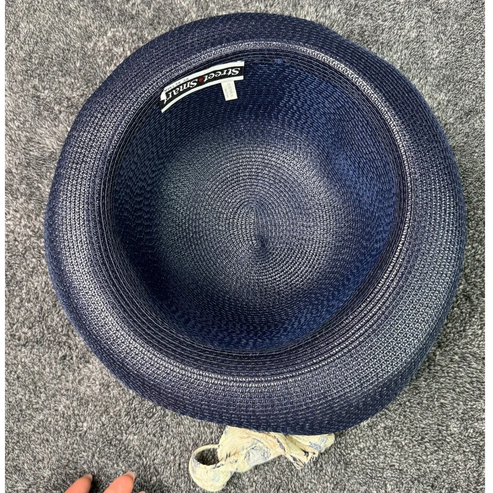 Street Smart by Betmar Navy Blue Woven Cloche Sun Hat Floral Scarf Accent